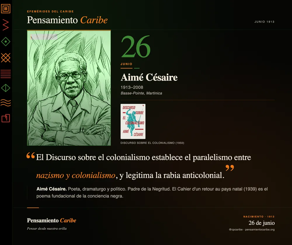 Efeméride: Aimé Césaire, 26 de junio de 1913. Basse-Pointe, Martinica. Poeta, dramaturgo y político.