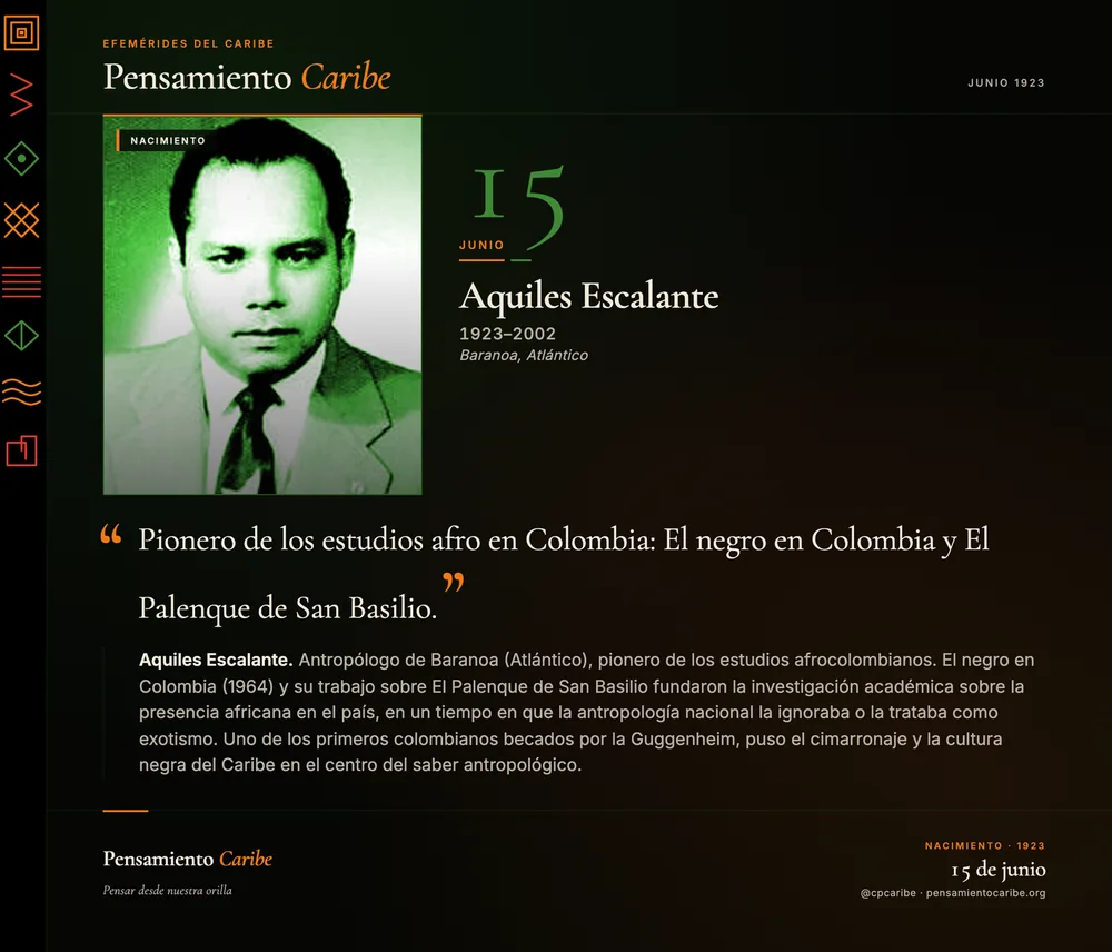 Efeméride: Aquiles Escalante, 15 de junio de 1923. Baranoa, Atlántico. Pionero de los estudios afrocolombianos.