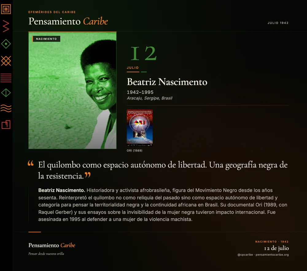 Efeméride: Beatriz Nascimento, 12 de julio. Sergipe, Brasil. Historiadora y activista del movimiento negro brasileño.
