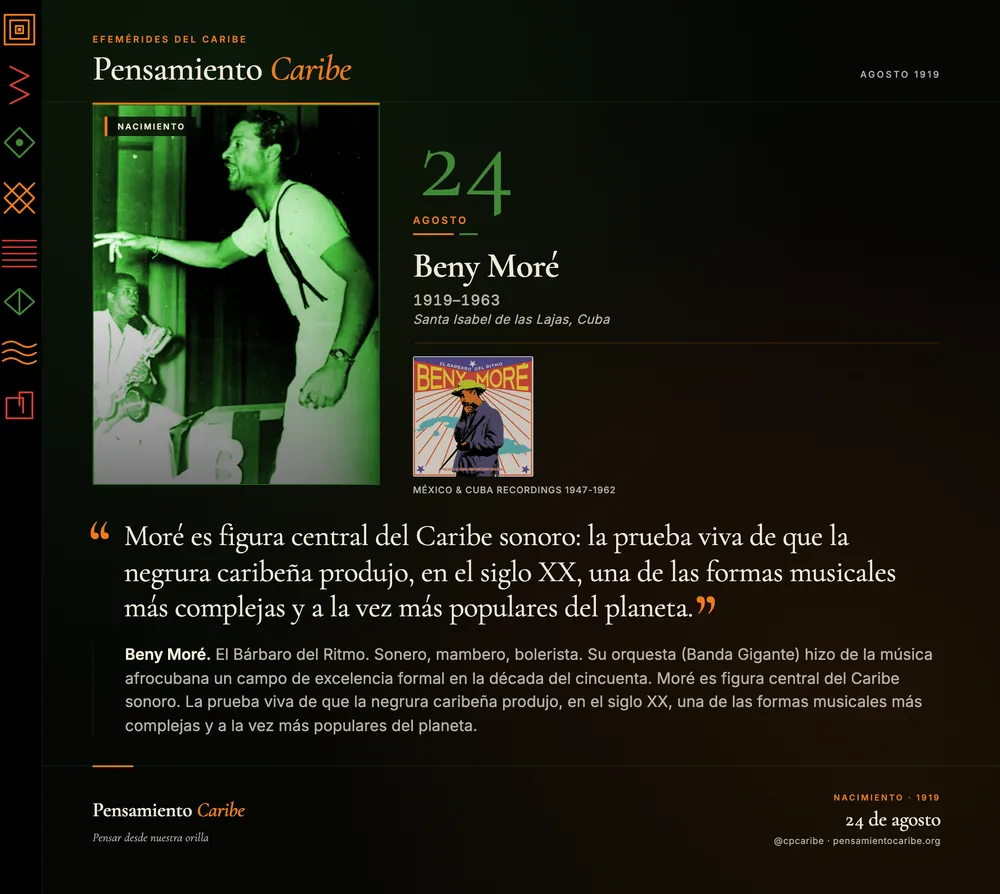 Efeméride: Beny Moré, 24 de agosto de 1919. Santa Isabel de las Lajas, Cuba. El Bárbaro del Ritmo, sonero y bolerista cubano.