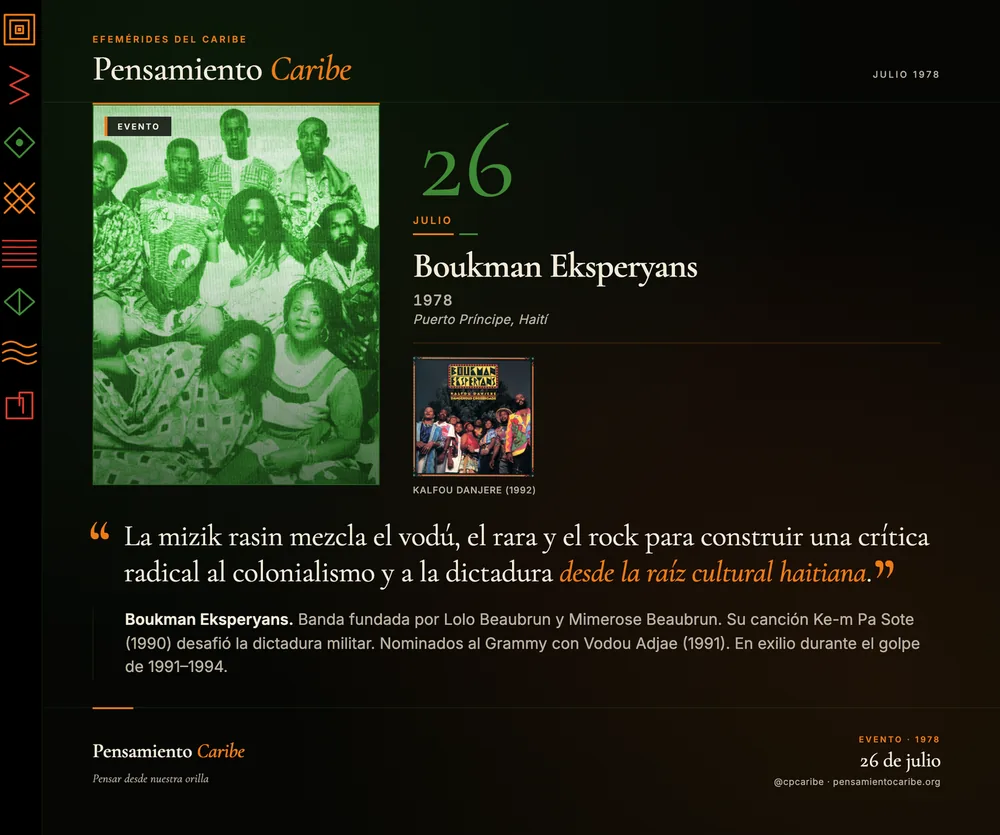 Efeméride: Boukman Eksperyans, 26 de julio de 1978. Puerto Príncipe, Haití. Banda fundacional de la mizik rasin haitiana.