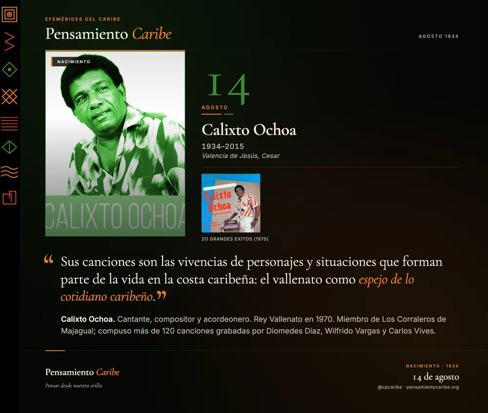 Efeméride: Calixto Ochoa, 14 de agosto de 1934. Valencia de Jesús, Cesar. Cantante, compositor y acordeonero, Rey Vallenato 1970.