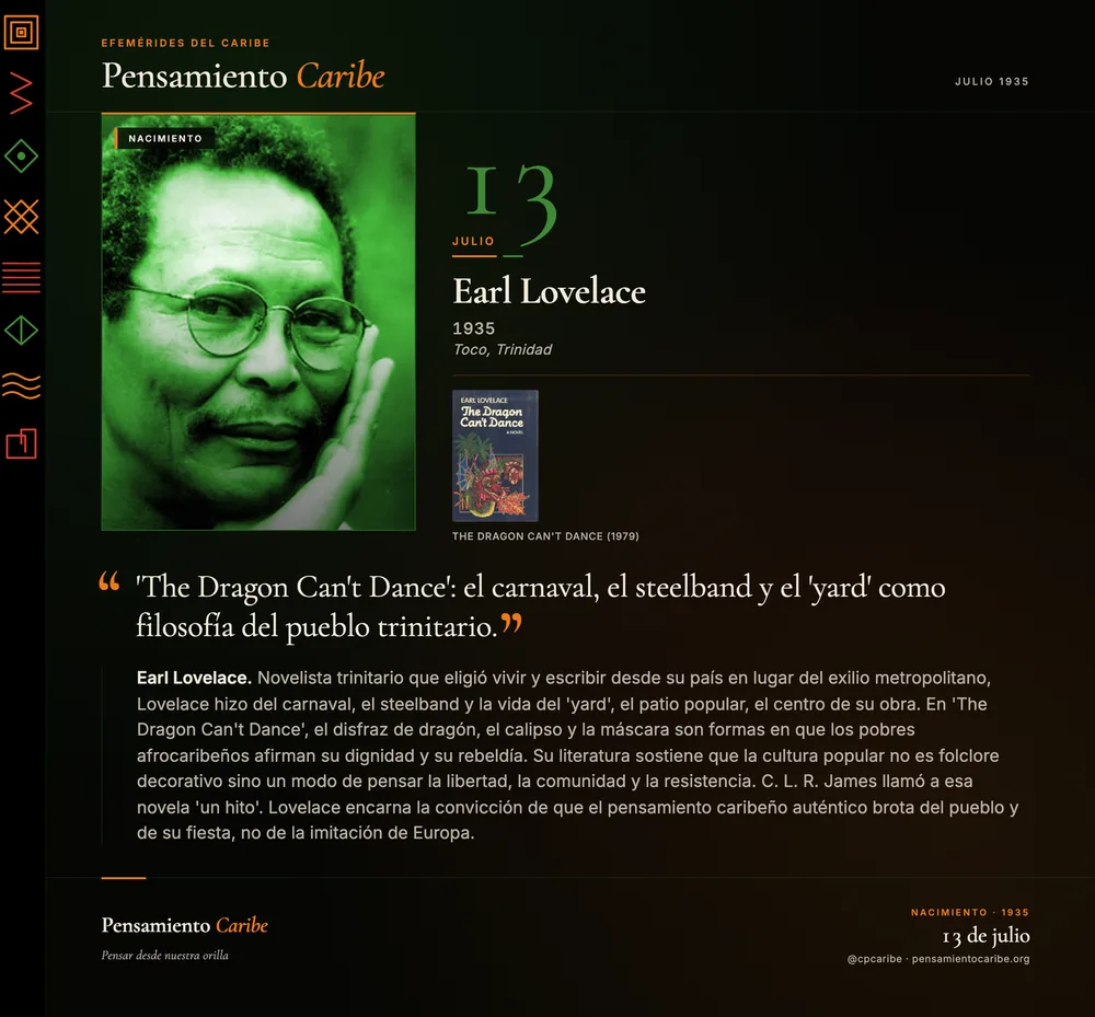 Efeméride: Earl Lovelace, 13 de julio de 1935. Toco, Trinidad y Tobago. Novelista y dramaturgo.