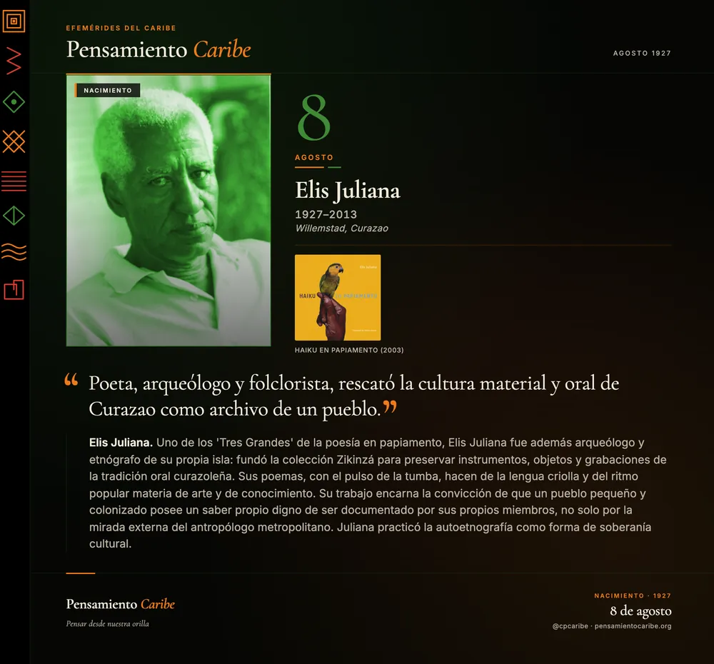 Efeméride: Elis Juliana, 8 de agosto de 1927. Willemstad, Curazao. Poeta, arqueólogo y folclorista curazoleño.