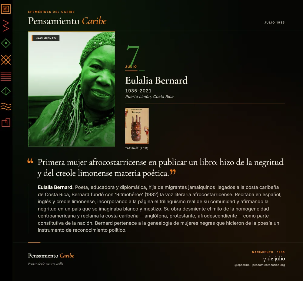 Efeméride: Eulalia Bernard, 7 de julio. Limón, Costa Rica. Poeta y pensadora afrocostarricense.