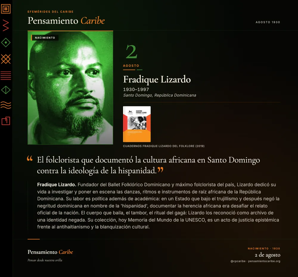 Efeméride: Fradique Lizardo, 2 de agosto de 1930. Santo Domingo, República Dominicana. Folclorista y fundador del Ballet Folklórico Dominicano.