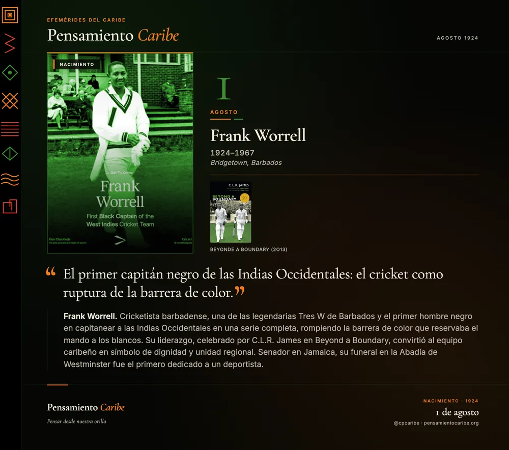 Efeméride: Frank Worrell, 1 de agosto de 1924. Bridgetown, Barbados. Primer capitán negro del equipo de críquet de las Indias Occidentales.