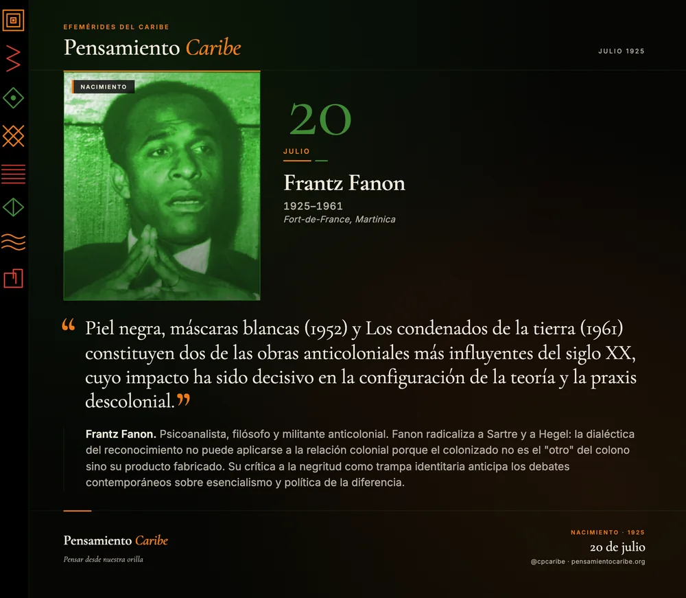 Efeméride: Frantz Fanon, 20 de julio de 1925. Fort-de-France, Martinica. Psicoanalista, filósofo y militante anticolonial.