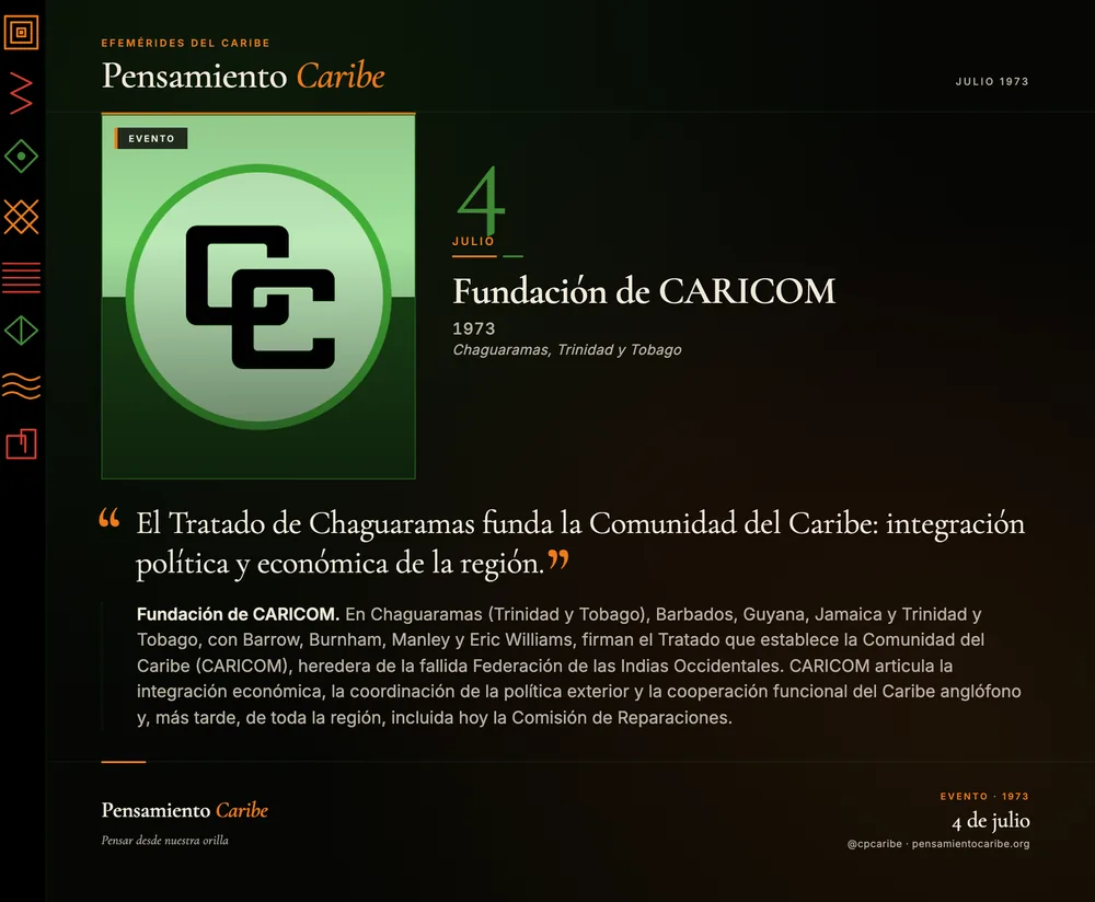 Efeméride: Fundación de la CARICOM, 4 de julio de 1973. Tratado de Chaguaramas, Trinidad y Tobago. Comunidad del Caribe.
