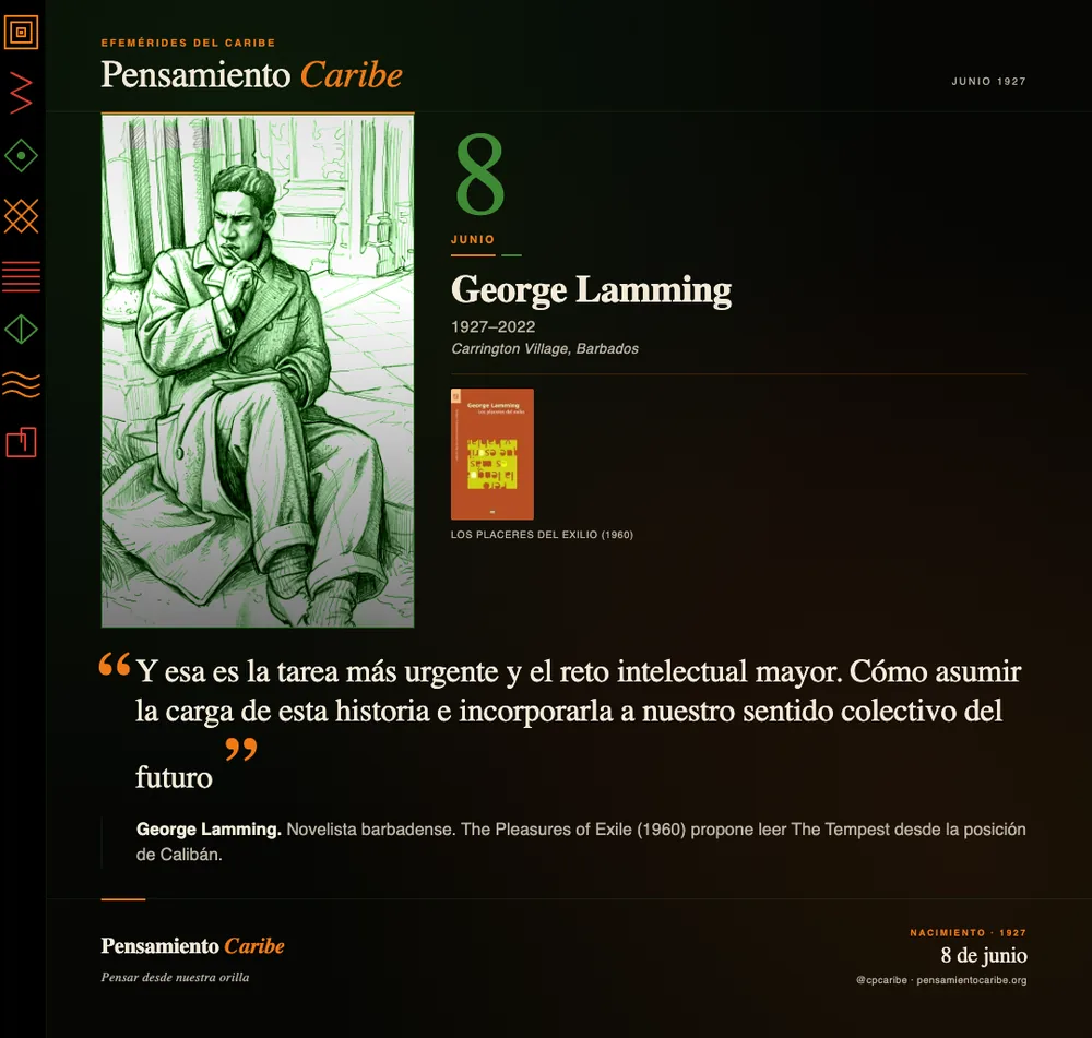 Efeméride: George Lamming, 8 de junio de 1927. Carrington Village, Barbados. Novelista y ensayista.
