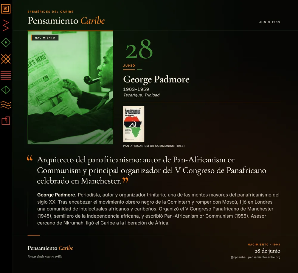 Efeméride: George Padmore, 28 de junio de 1903. Tacarigua, Trinidad. Periodista, autor y arquitecto del panafricanismo.
