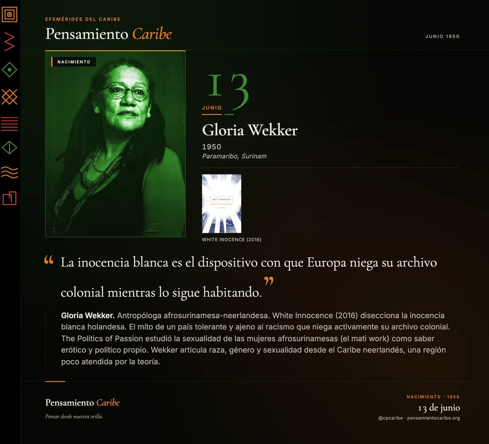 Efeméride: Gloria Wekker, 13 de junio de 1950. Paramaribo, Surinam. Antropóloga y teórica de la inocencia blanca.