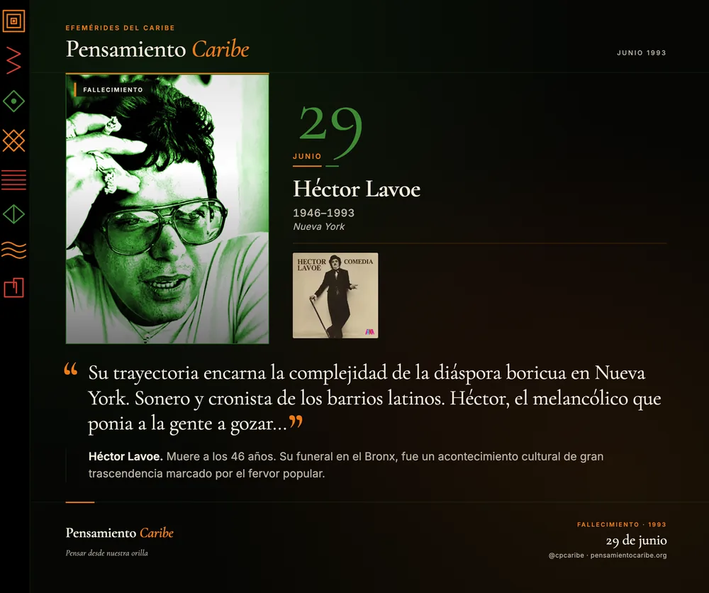 Efeméride: Héctor Lavoe, 29 de junio de 1993. Nueva York. Sonero y cronista de los barrios latinos.