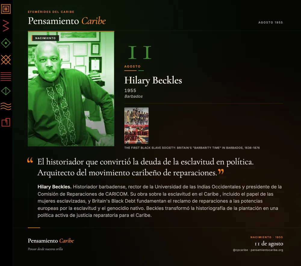 Efeméride: Hilary Beckles, 11 de agosto de 1955. Barbados. Historiador y arquitecto del movimiento caribeño de reparaciones.