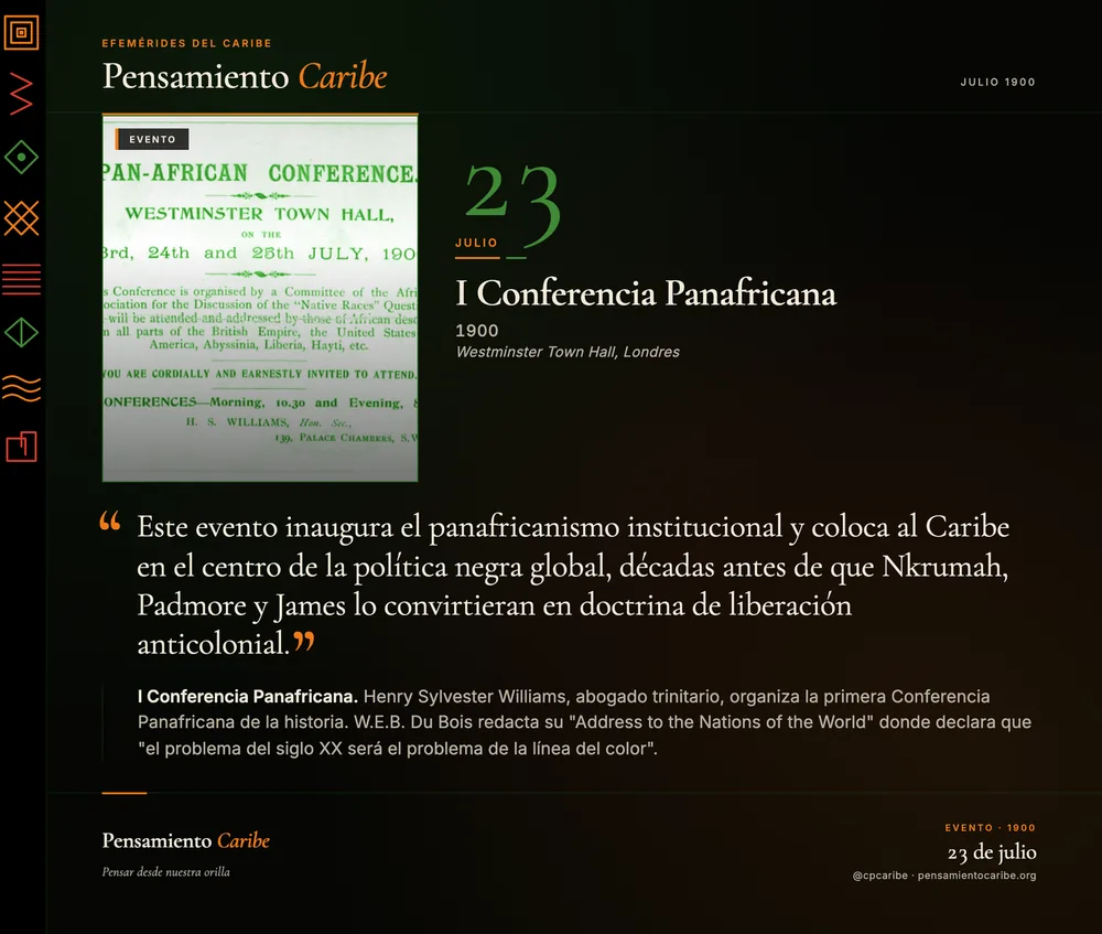 Efeméride: I Conferencia Panafricana, 23 de julio de 1900. Westminster Town Hall, Londres. Inaugura el panafricanismo institucional.