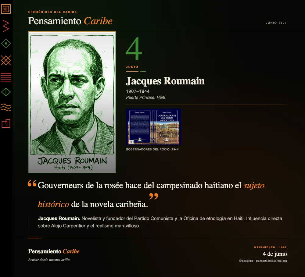 Efeméride: Jacques Roumain, 4 de junio de 1907. Port-au-Prince, Haití. Escritor, etnólogo y activista.