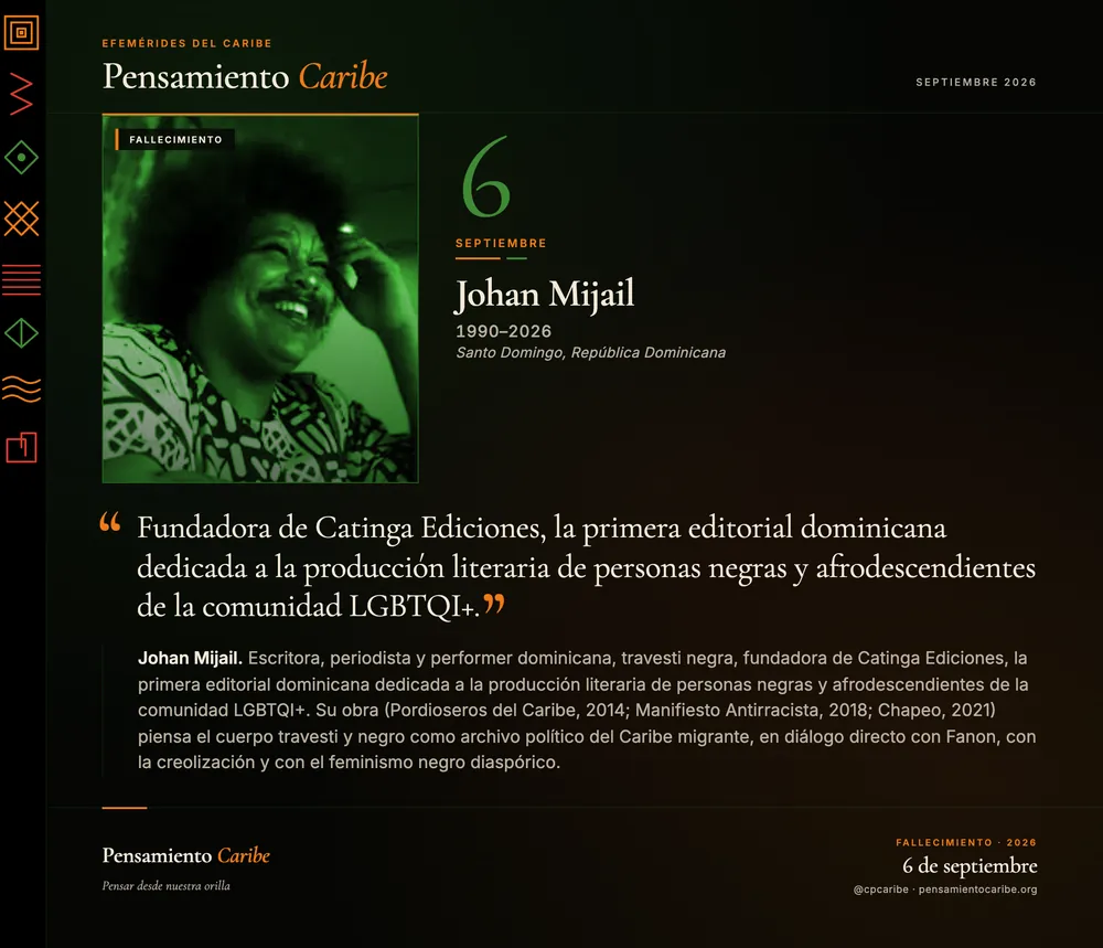 Efeméride: Johan Mijail, 6 de septiembre de 2026. Santo Domingo, República Dominicana. Escritora, periodista y performer, fundadora de Catinga Ediciones.