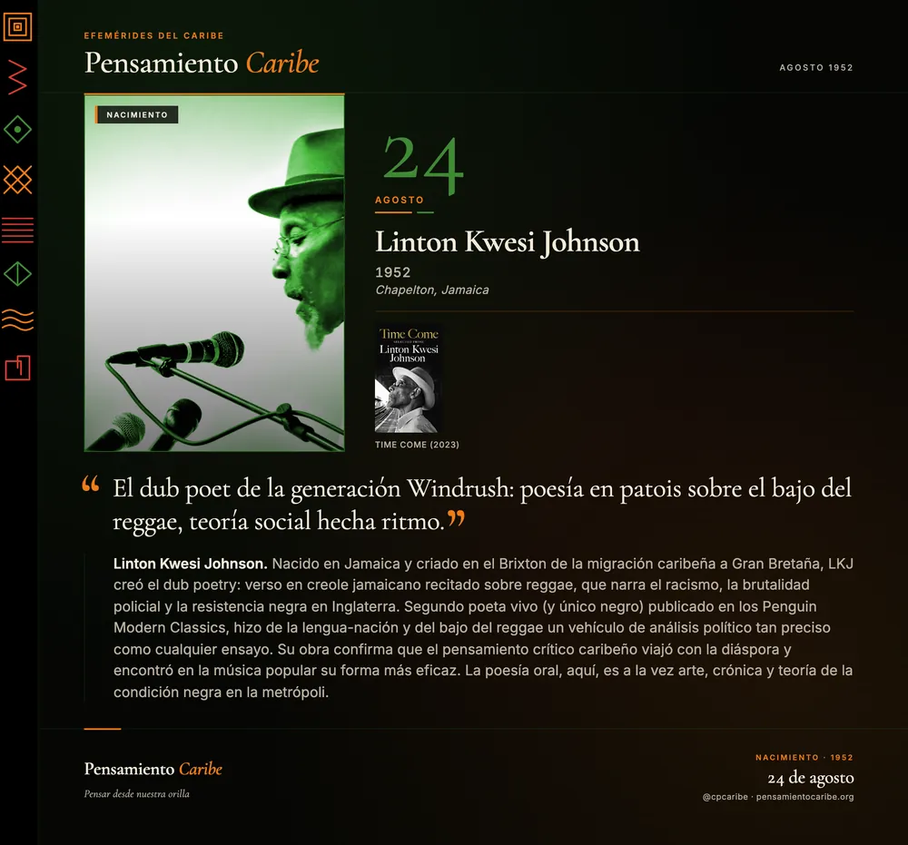 Efeméride: Linton Kwesi Johnson, 24 de agosto de 1952. Chapelton, Jamaica. Dub poet, creador de la poesía en patois sobre el bajo del reggae.
