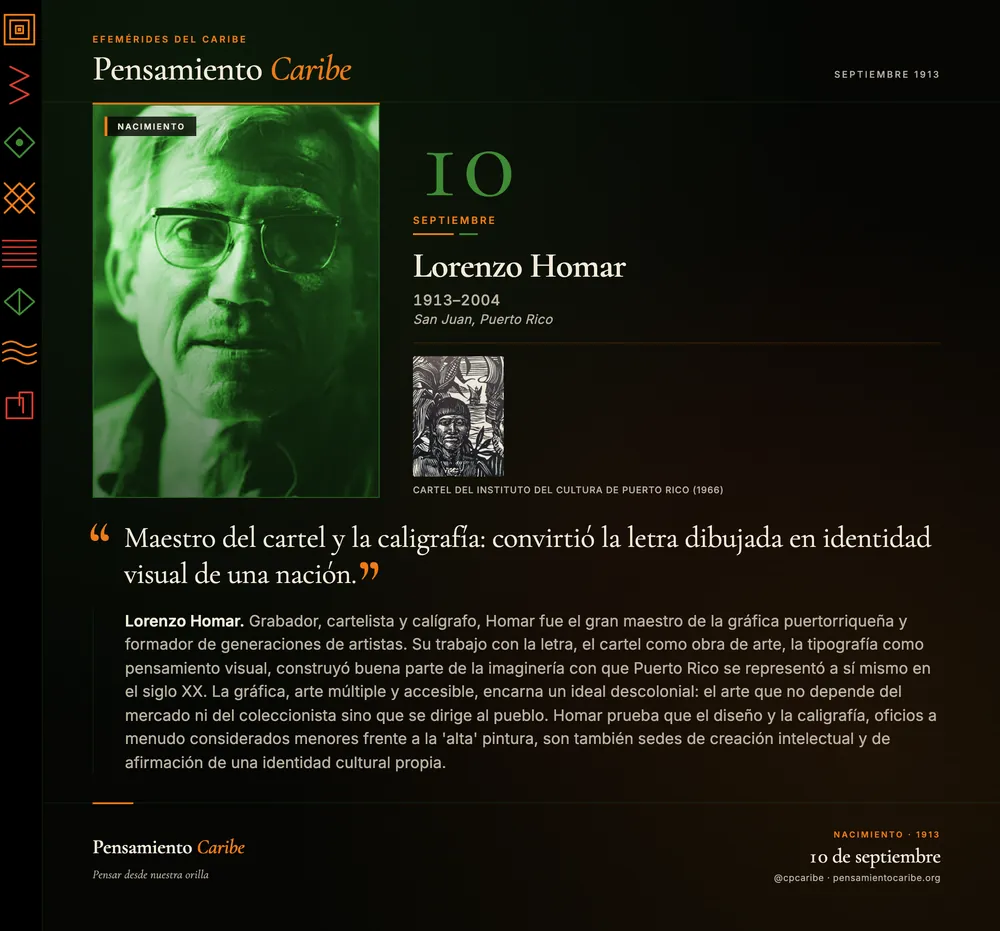 Efeméride: Lorenzo Homar, 10 de septiembre de 1913. San Juan, Puerto Rico. Grabador, cartelista y calígrafo, maestro de la gráfica puertorriqueña.