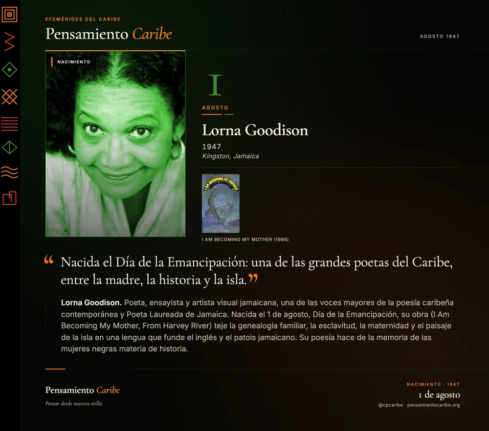 Efeméride: Lorna Goodison, 1 de agosto de 1947. Kingston, Jamaica. Poeta laureada de Jamaica.