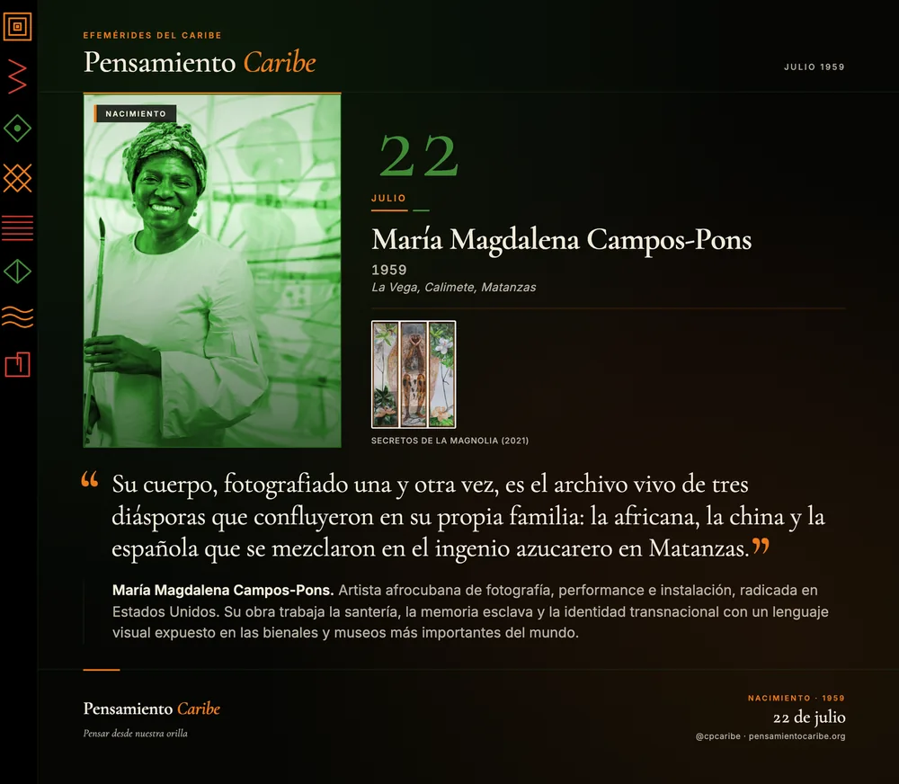 Efeméride: María Magdalena Campos-Pons, 22 de julio de 1959. Matanzas, Cuba. Artista afrocubana de fotografía, performance e instalación.