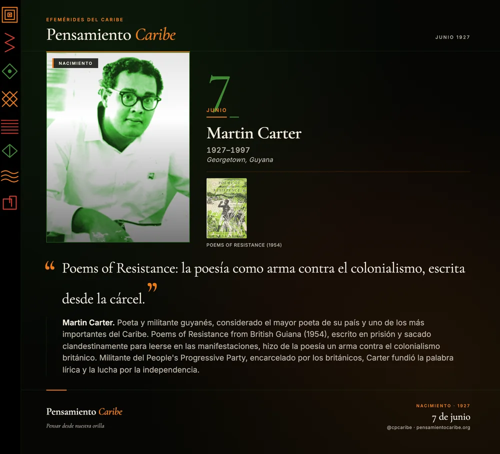 Efeméride: Martin Carter, 7 de junio de 1927. Georgetown, Guyana. Poeta y militante anticolonial.
