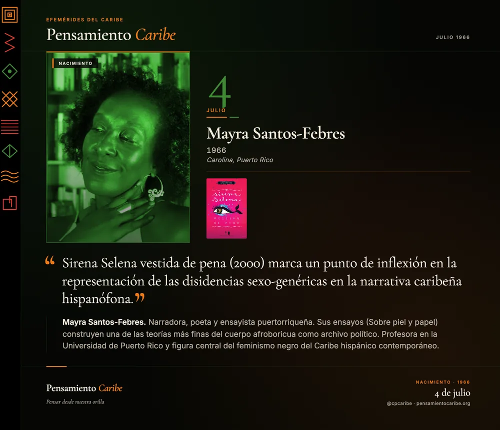 Efeméride: Mayra Santos-Febres, 4 de julio. Carolina, Puerto Rico. Escritora, poeta y ensayista.
