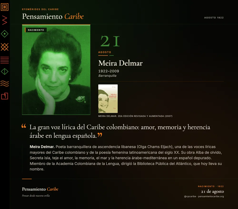 Efeméride: Meira Delmar, 21 de agosto de 1922. Barranquilla, Colombia. Poeta del Caribe colombiano, voz lírica mayor de ascendencia árabe.
