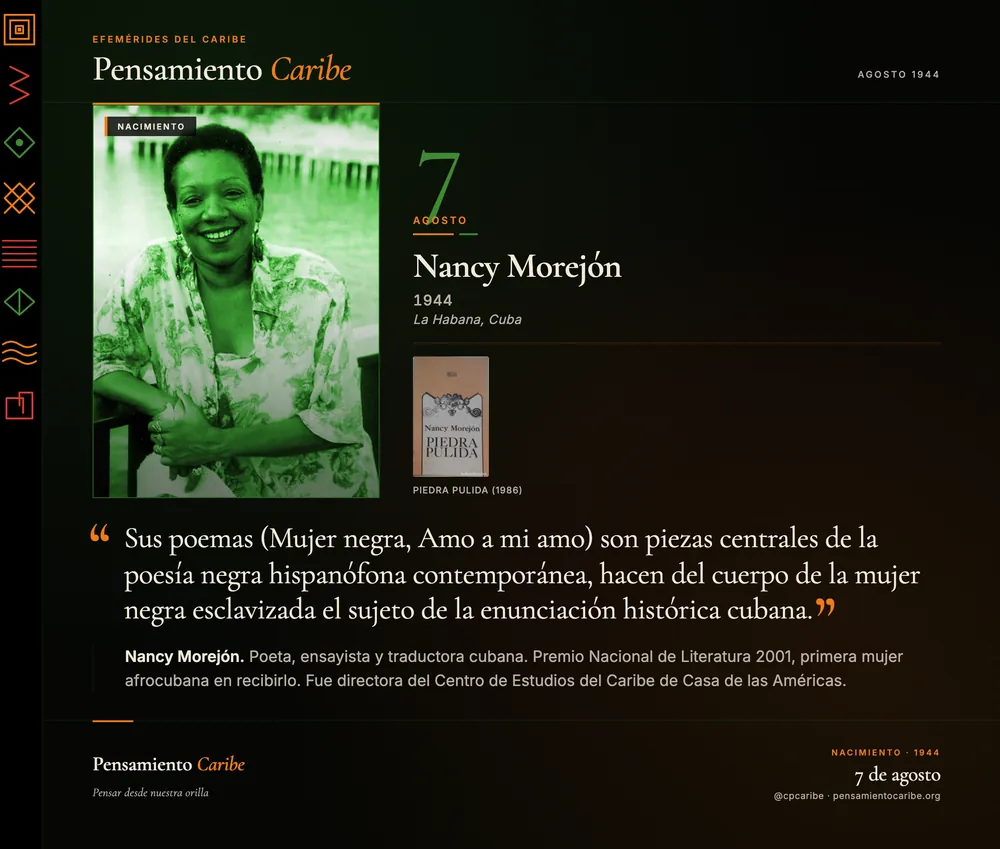 Efeméride: Nancy Morejón, 7 de agosto de 1944. La Habana, Cuba. Poeta y primera mujer afrocubana en recibir el Premio Nacional de Literatura.