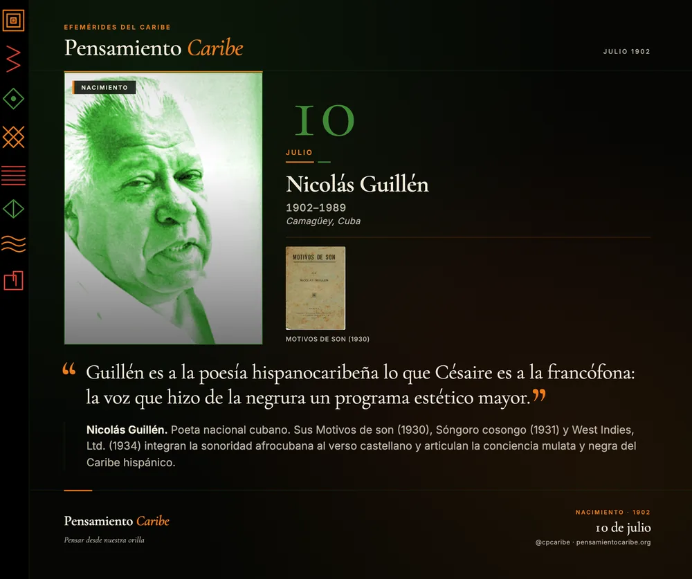 Efeméride: Nicolás Guillén, 10 de julio de 1902. Camagüey, Cuba. Poeta nacional de Cuba.
