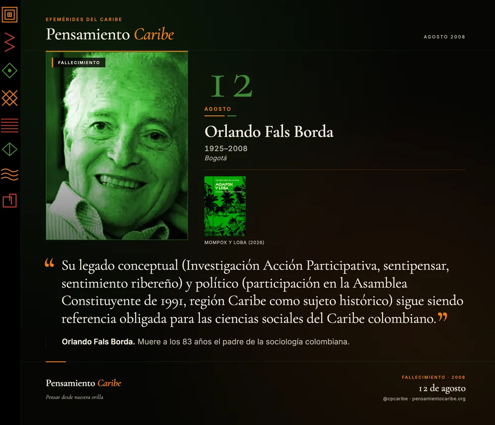 Efeméride: Orlando Fals Borda, 12 de agosto de 2008. Bogotá, Colombia. Padre de la sociología colombiana y de la Investigación Acción Participativa.