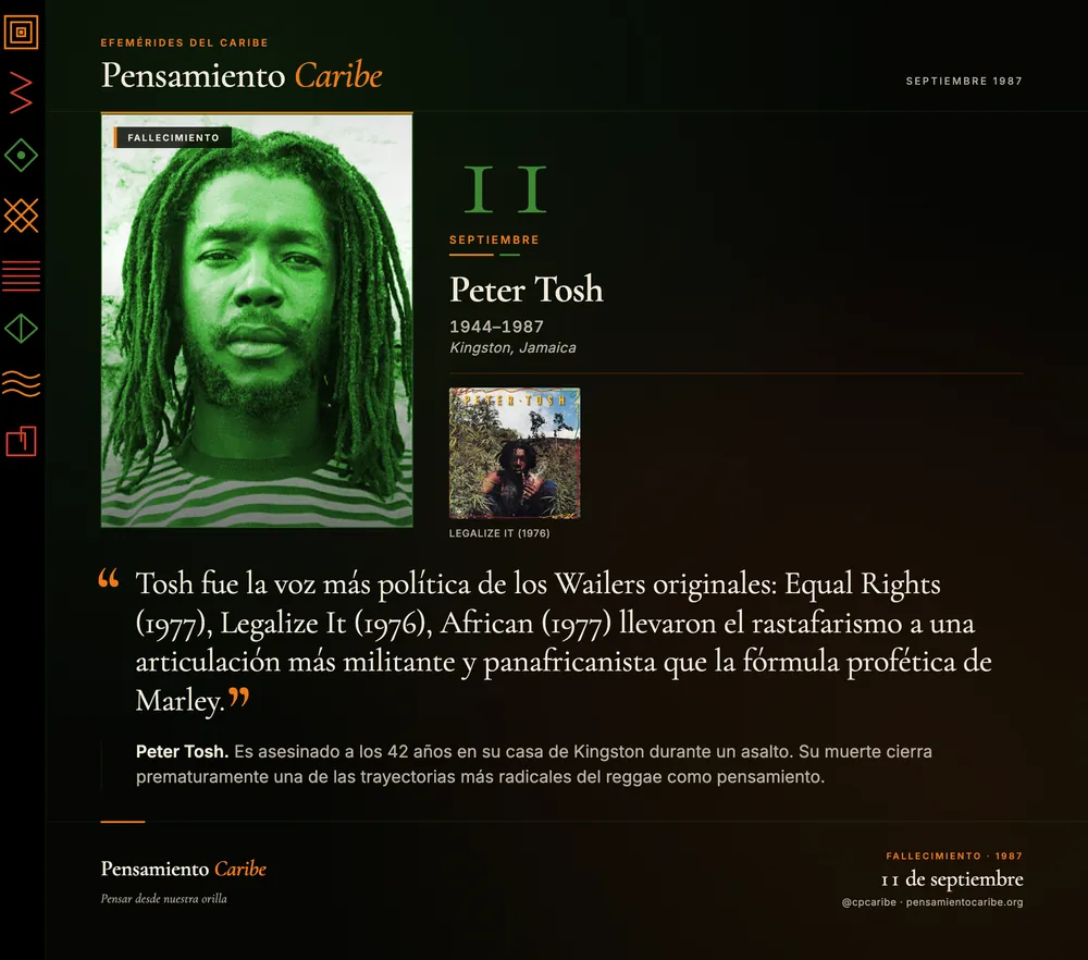 Efeméride: Peter Tosh, 11 de septiembre de 1987. Kingston, Jamaica. Músico jamaicano, voz más política de los Wailers originales, autor de Equal Rights y Legalize It.