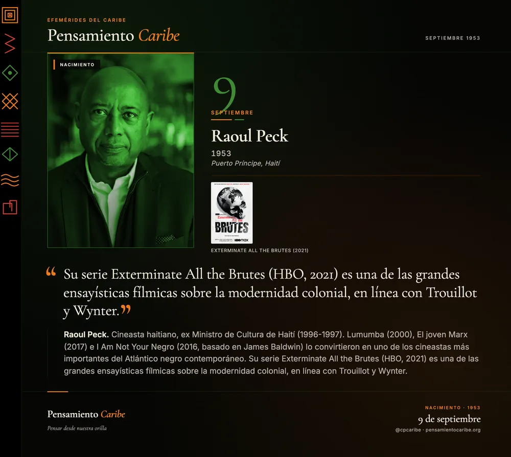 Efeméride: Raoul Peck, 9 de septiembre de 1953. Puerto Príncipe, Haití. Cineasta haitiano, autor de Lumumba, I Am Not Your Negro y Exterminate All the Brutes.