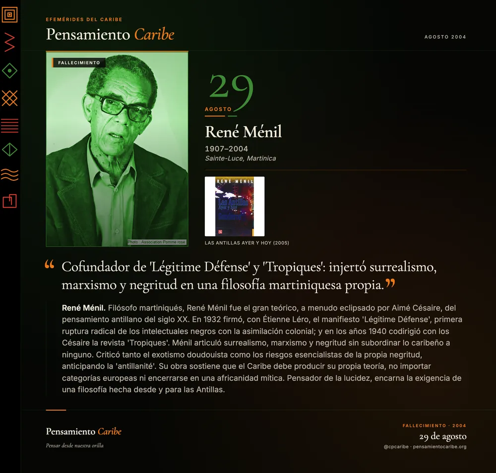 Efeméride: René Ménil, 29 de agosto de 2004. Sainte-Luce, Martinica. Filósofo, cofundador de Tropiques y teórico del pensamiento antillano.