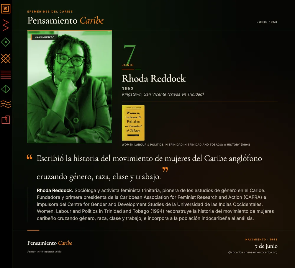 Efeméride: Rhoda Reddock, 7 de junio de 1953. San Vicente / Trinidad. Socióloga feminista y fundadora de CAFRA.