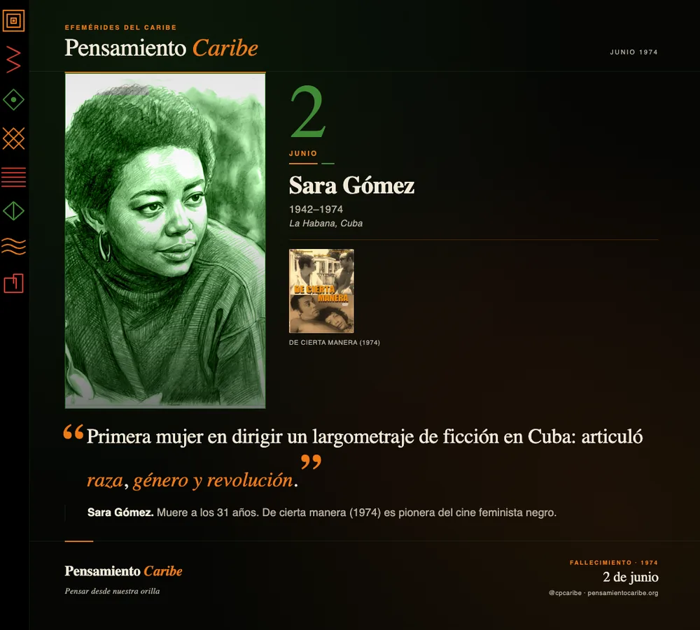 Efeméride: Sara Gómez, 2 de junio de 1942. La Habana, Cuba. Cineasta y pionera del cine feminista negro.
