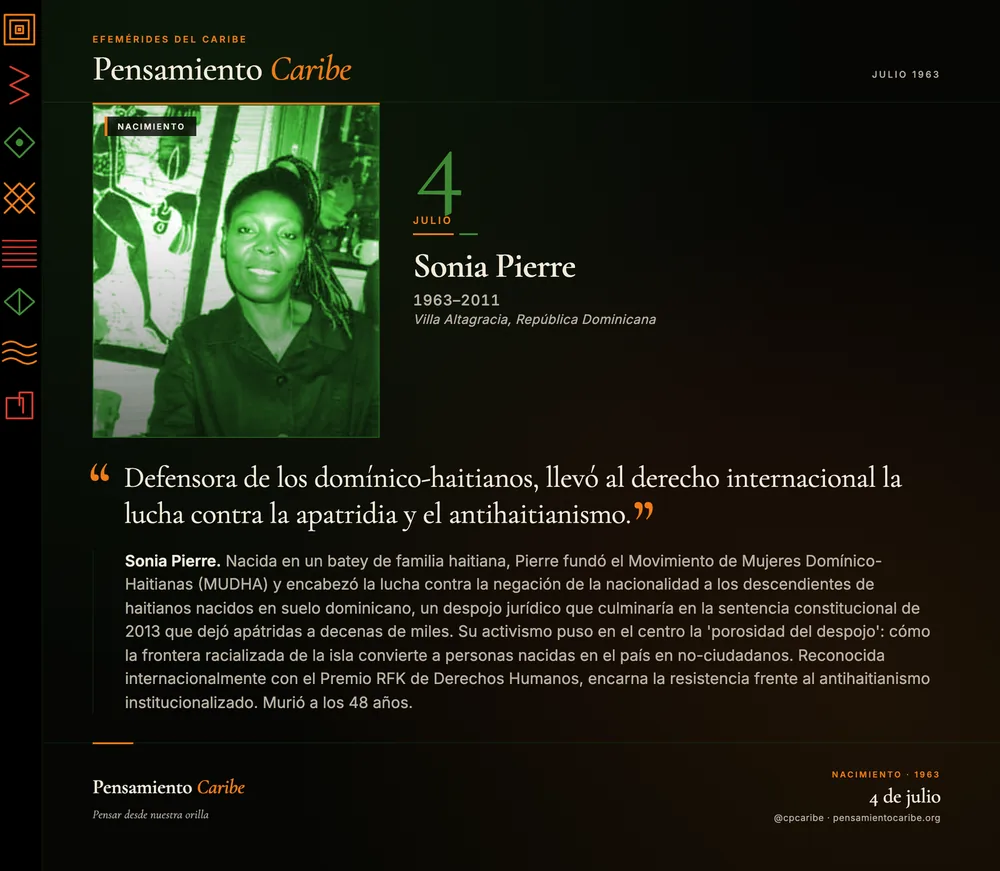 Efeméride: Sonia Pierre, 4 de julio. República Dominicana. Activista por los derechos de los dominicanos de ascendencia haitiana.
