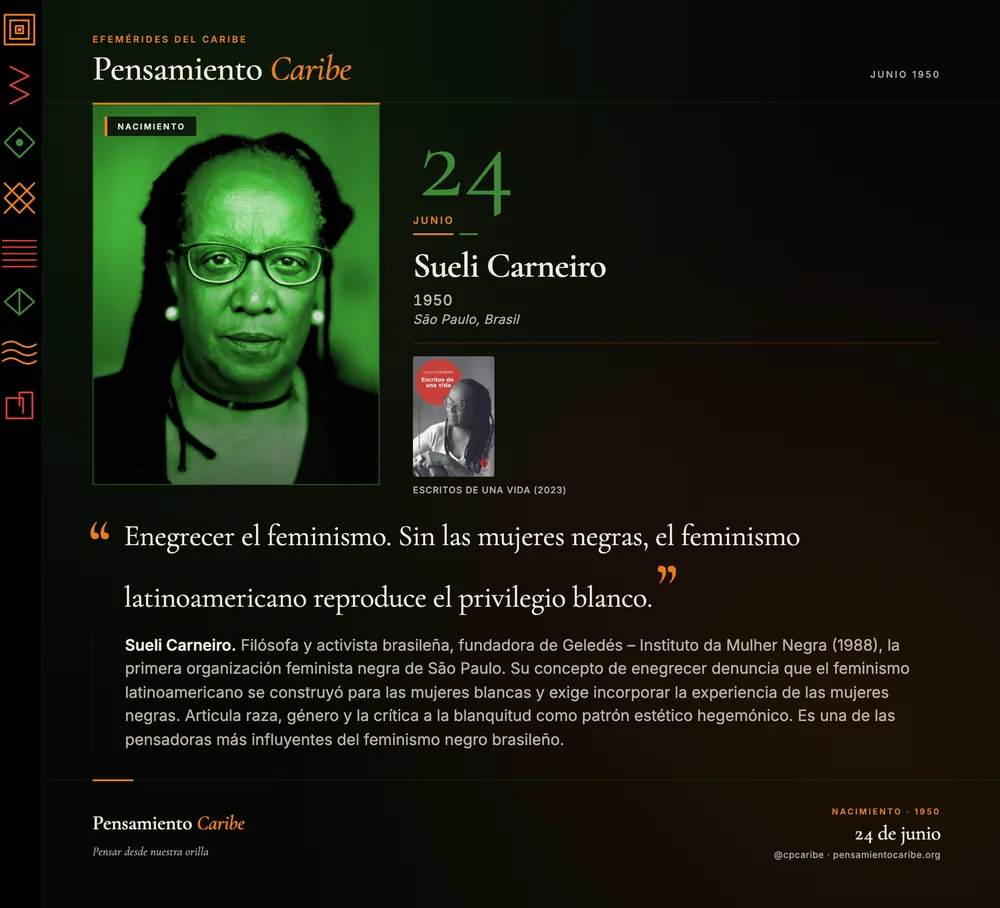 Efeméride: Sueli Carneiro, 24 de junio de 1950. São Paulo, Brasil. Filósofa y fundadora de Geledés.
