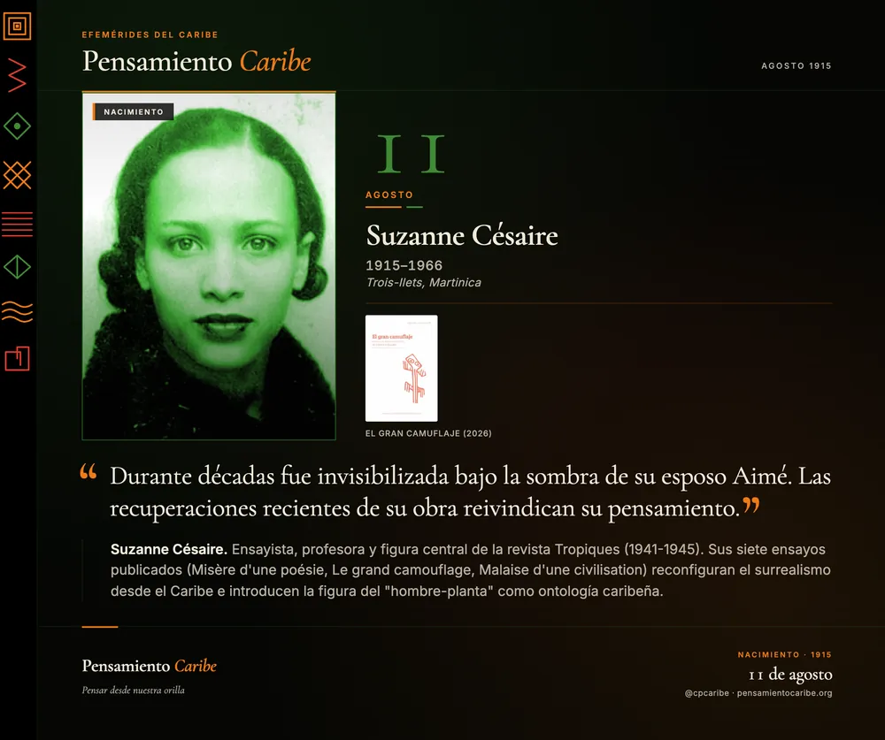 Efeméride: Suzanne Césaire, 11 de agosto de 1915. Trois-Îlets, Martinica. Ensayista y figura central de la revista Tropiques.