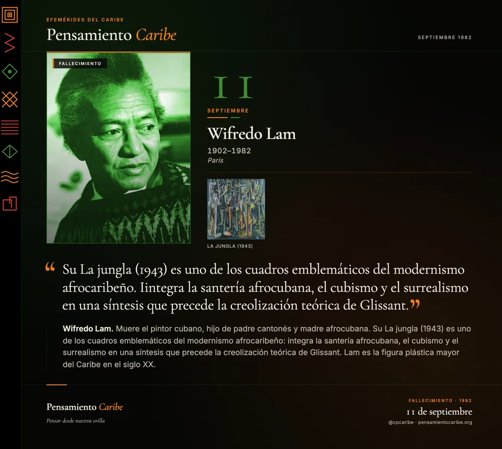 Efeméride: Wifredo Lam, 11 de septiembre de 1982. París. Pintor cubano, autor de La jungla, figura mayor del modernismo afrocaribeño.