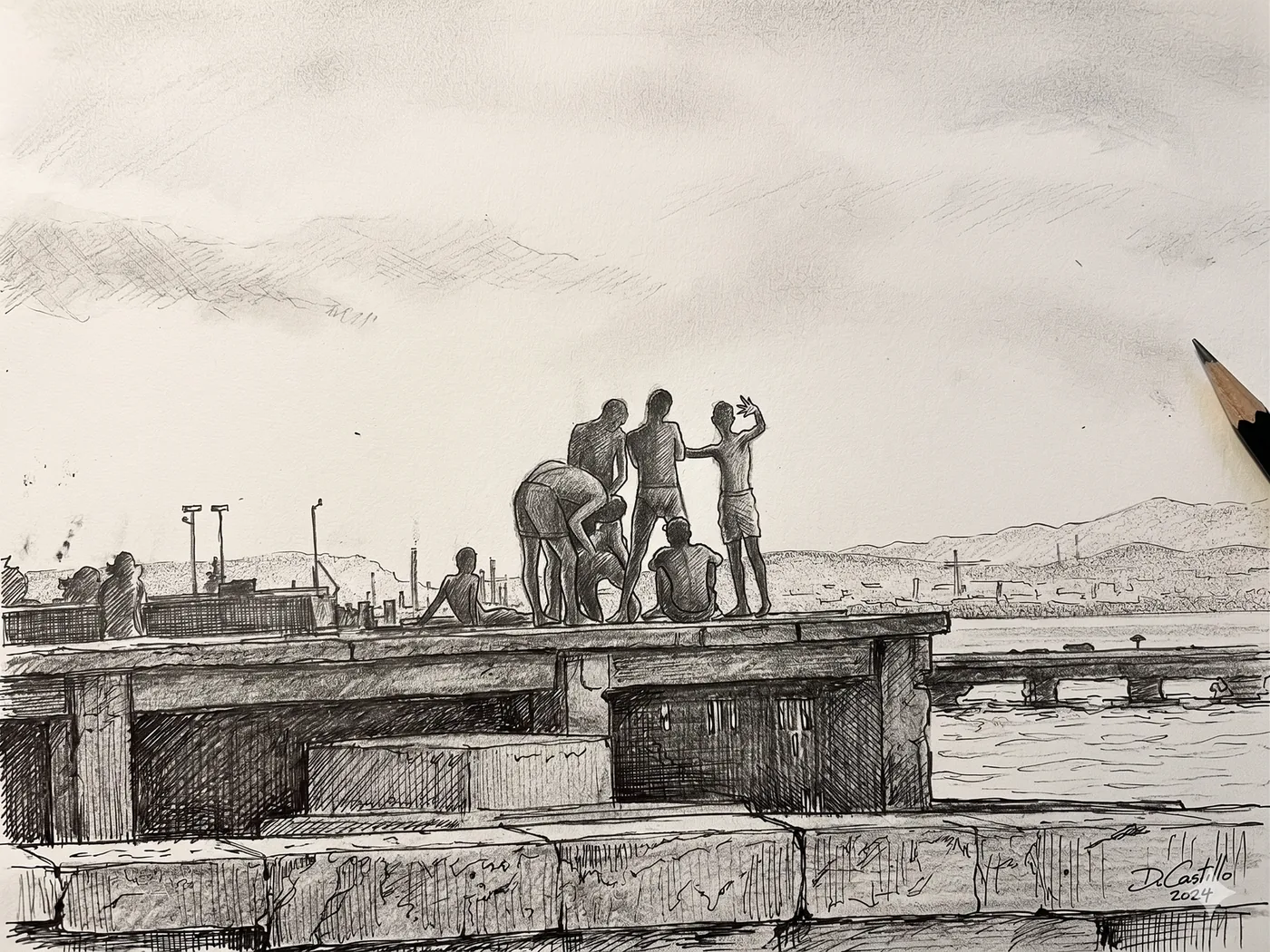Santiago: dibujo de jóvenes en el muelle caribeño